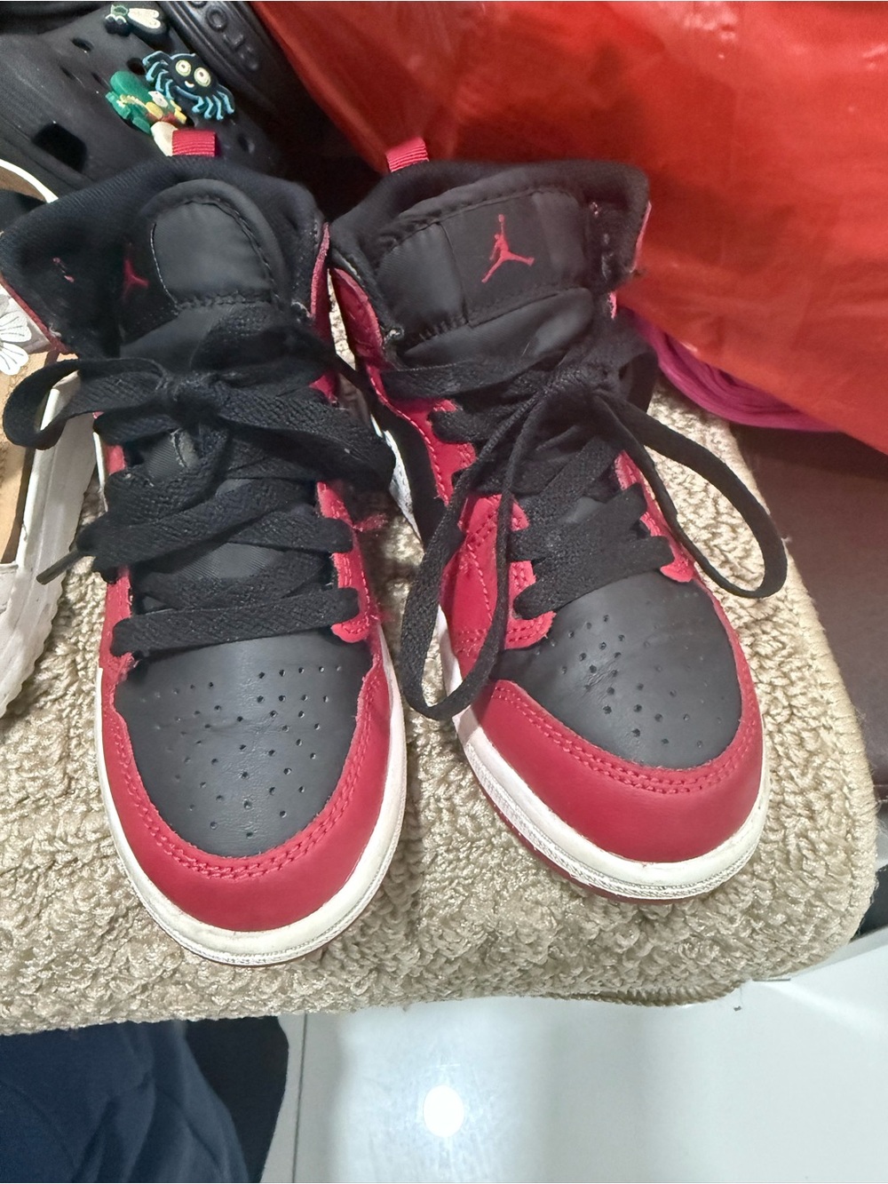Jordan Kids Black and Red High-Top Sneakers with White Sole